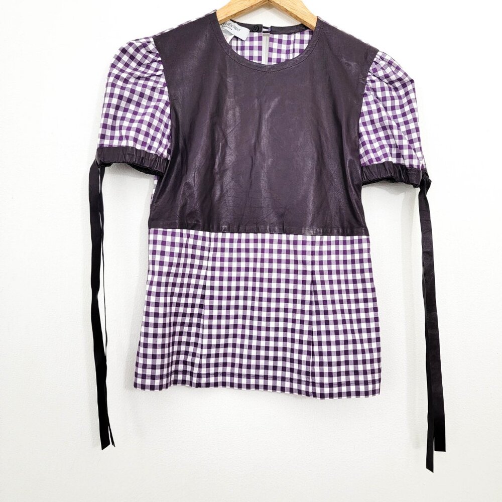Vintage Yves Saint Laurent Purple Gingham Plaiand Leather Tie Shoulder Blouse XS - Picture 9 of 11